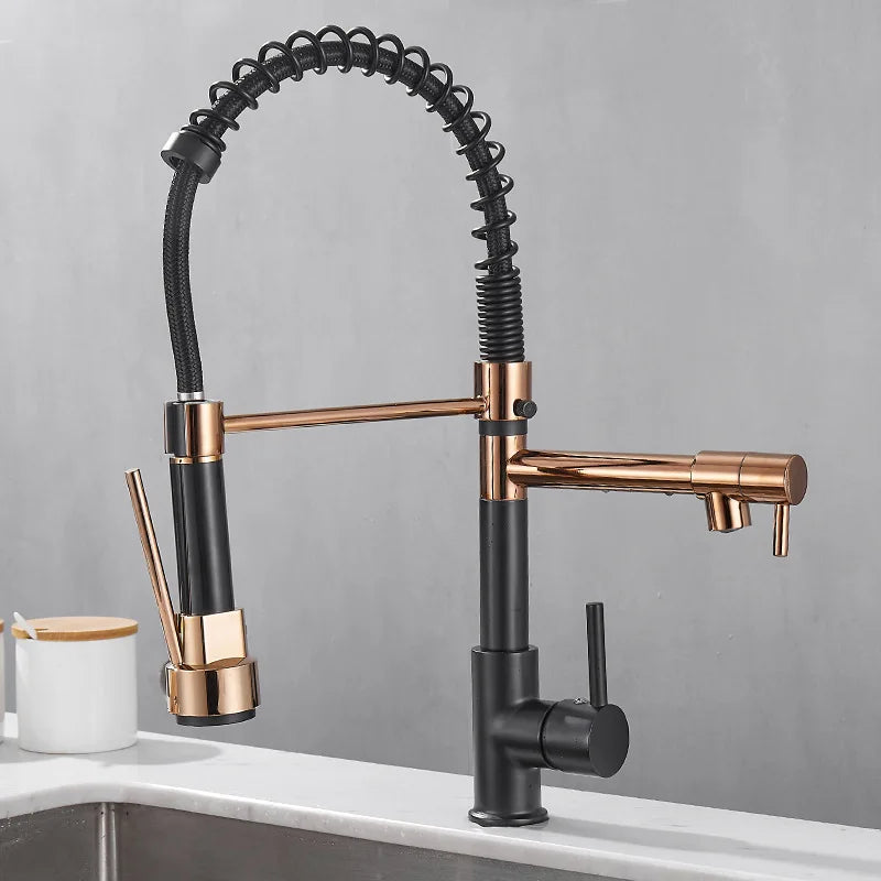 DUALFLOW Kitchen Tap - Modern kitchen tap with double spout & elegant black and gold finish