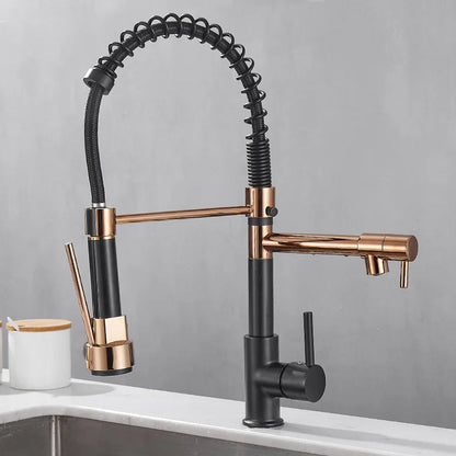 DUALFLOW Kitchen Tap - Modern kitchen tap with double spout & elegant black and gold finish