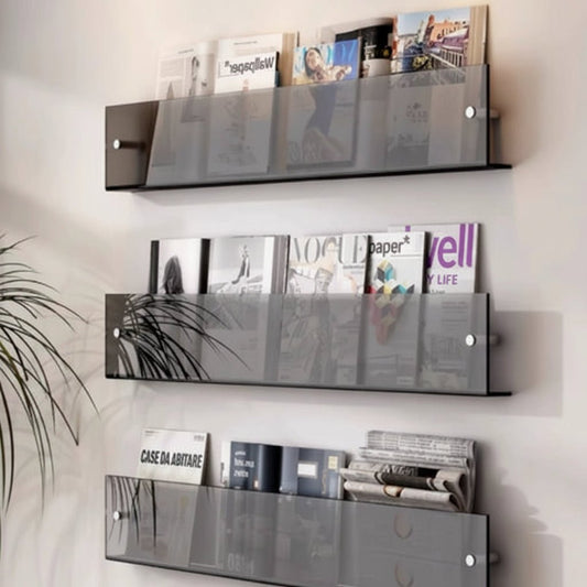 MODURACK – Soporte de pared minimalista de acrílico para revistas en espacios modernos