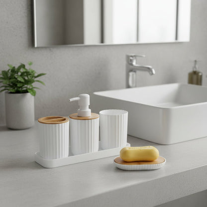 CERAVIA – White Bathroom Set with Soap Dish, Dispenser, and Cup for Elegant Bathroom Decoration