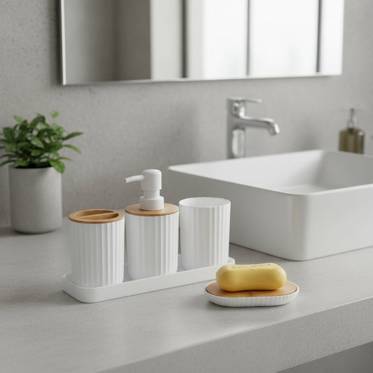 CERAVIA – White Bathroom Set with Soap Dish, Dispenser, and Cup for Elegant Bathroom Decoration