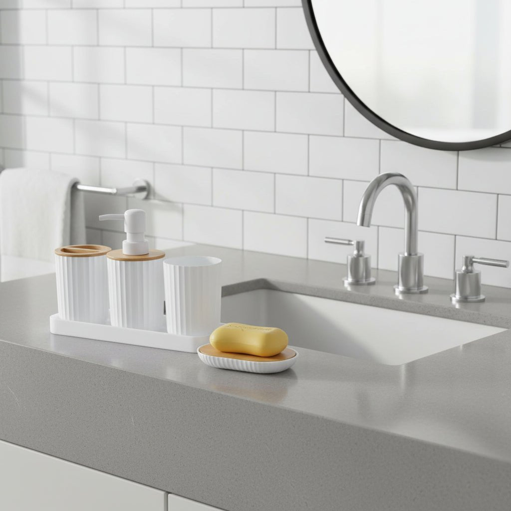 CERAVIA – White Bathroom Set with Soap Dish, Dispenser, and Cup for Elegant Bathroom Decoration