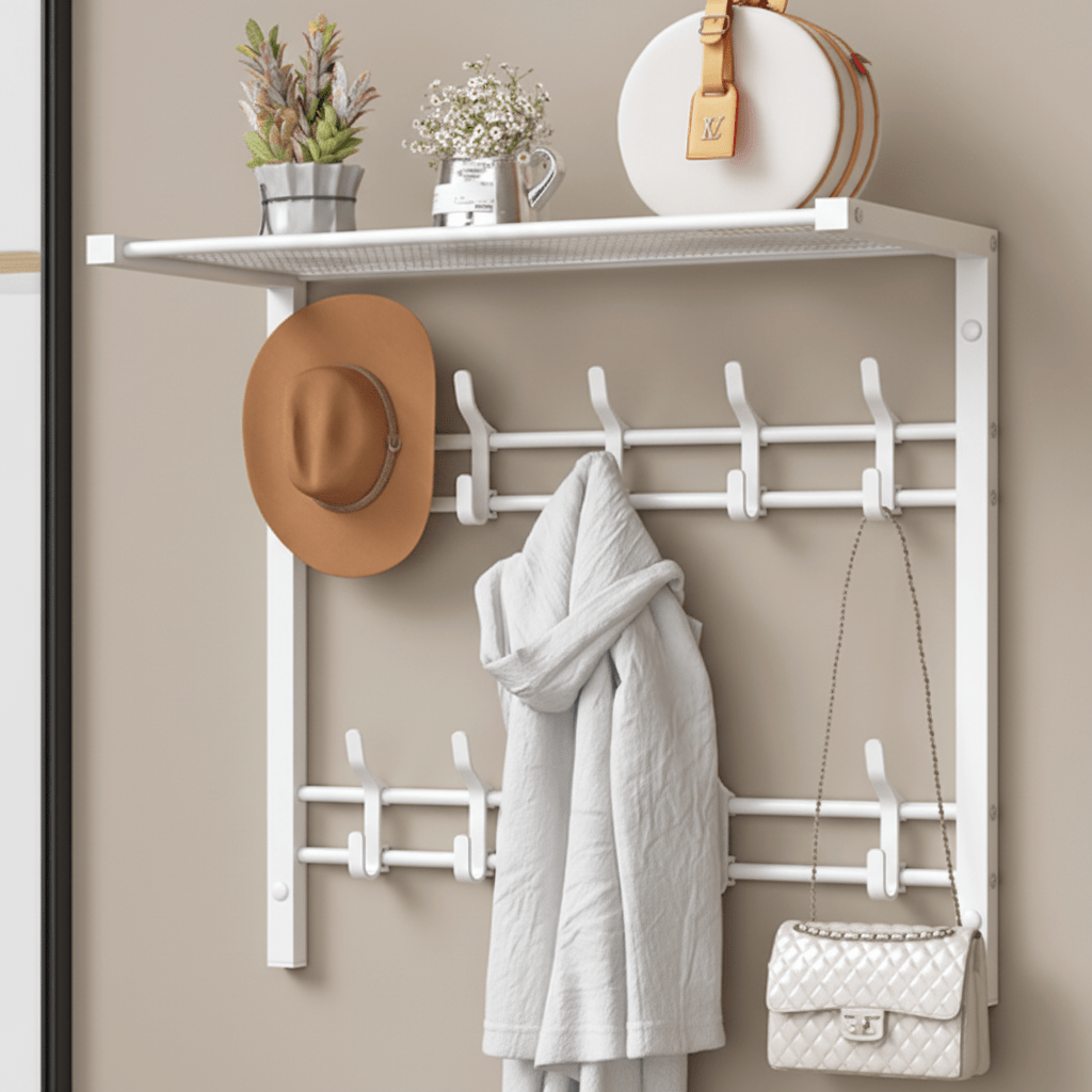 HOOKWELL – Appendiabiti da parete 3-in-1 con ripiano, ganci e barra appendiabiti