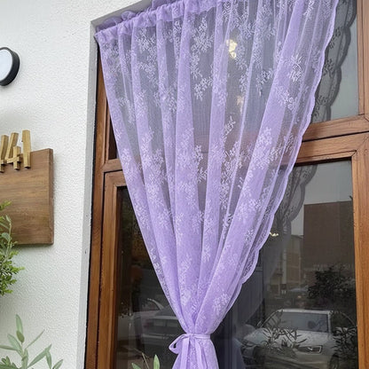 ELVAROSE - Paneles de cortina transparentes con encaje floral y paso para barra