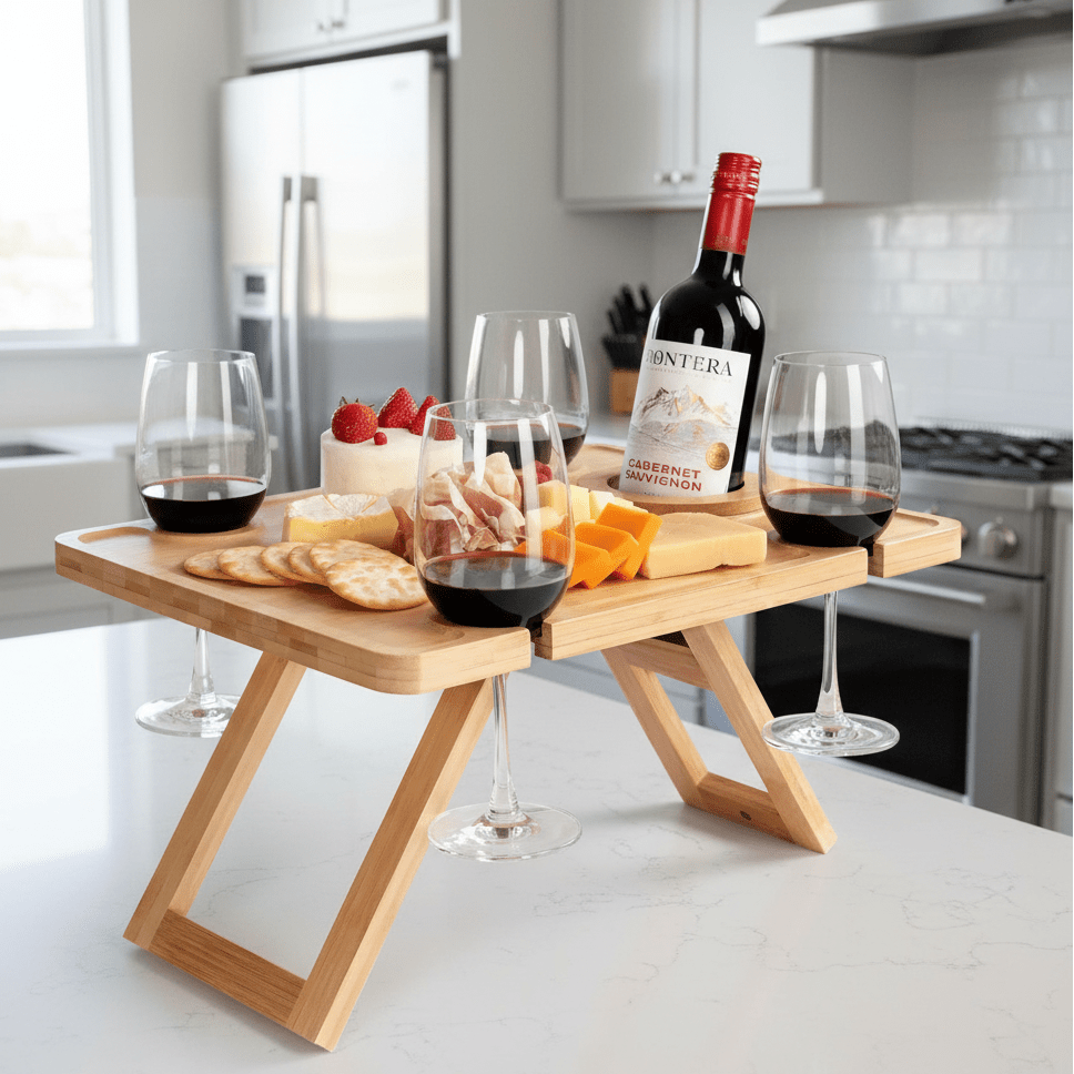 TABLECHARM – Eleganter, klappbarer Weinpicknicktisch mit Gläserhaltern und Speisebrett 0