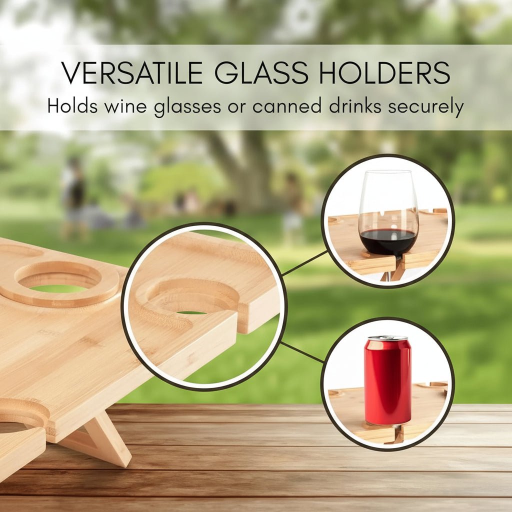 TABLECHARM – Eleganter, klappbarer Weinpicknicktisch mit Gläserhaltern und Speisebrett 2