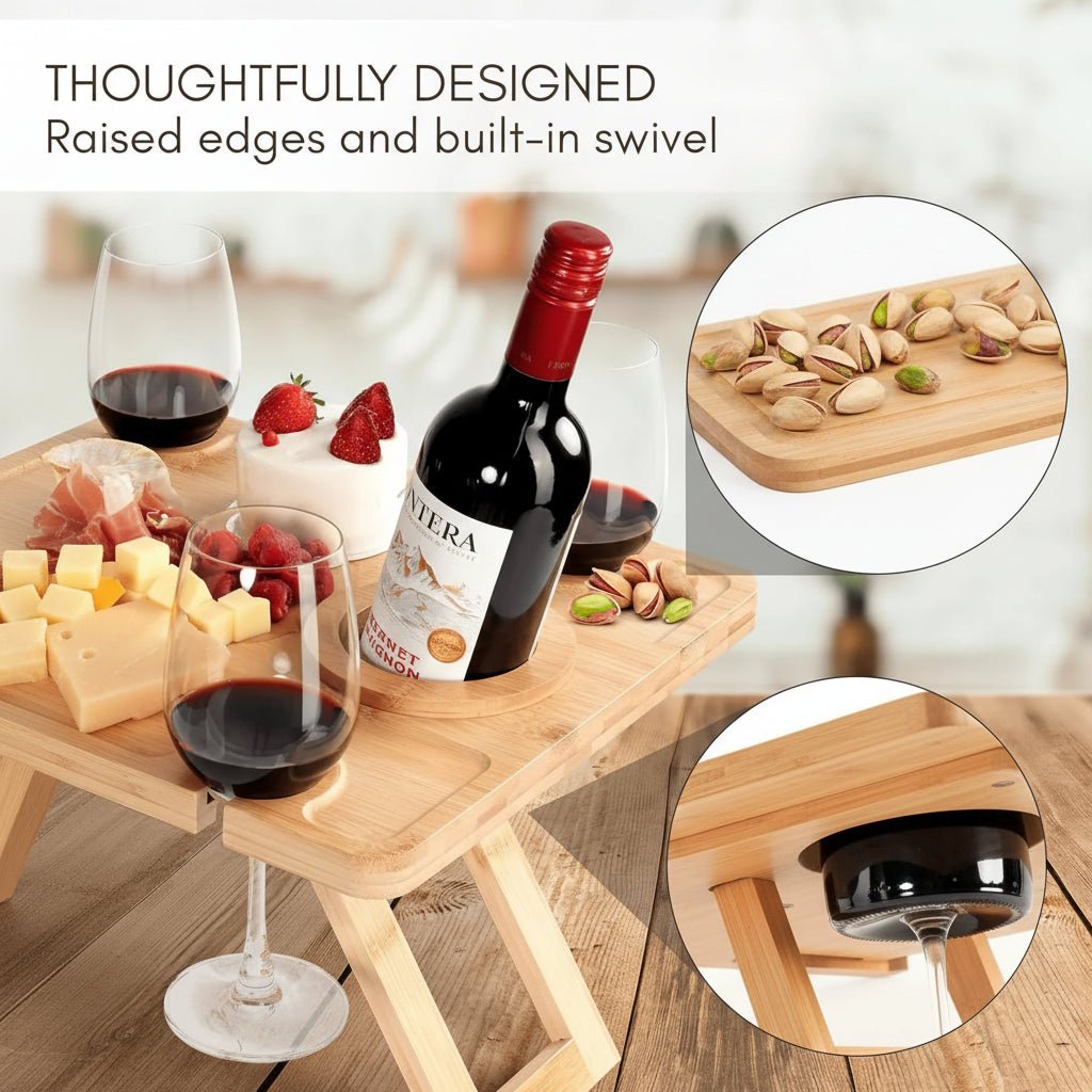TABLECHARM – Eleganter, klappbarer Weinpicknicktisch mit Gläserhaltern und Speisebrett 4