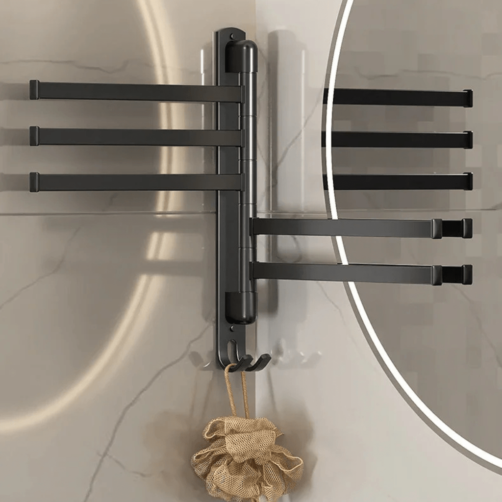 TOWELFLEX – Moderner, mattschwarzer Handtuchhalter mit 5 drehbaren Armen für platzsparende Aufbewahrung 3