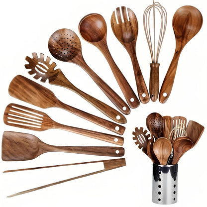 TeakStyle Küchenutensilien-Set | 11-teiliges Set aus natürlichem Teakholz | Kratzfeste Kochutensilien | Umweltfreundliches Küchenzubehör 0