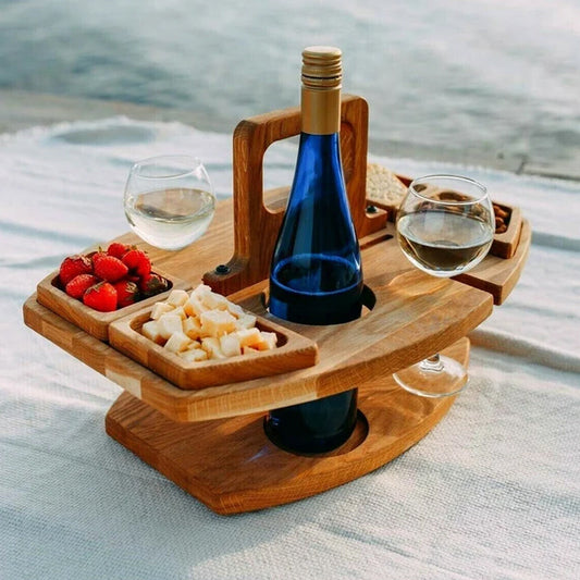 Portable Wooden Picnic Table - Foldable wooden table with glass holders & snack compartments for garden, beach & outdoor use