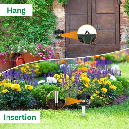 Defensor ultrasónico para aves y plagas – Repelente de animales solar con sensor PIR y diseño resistente a la intemperie