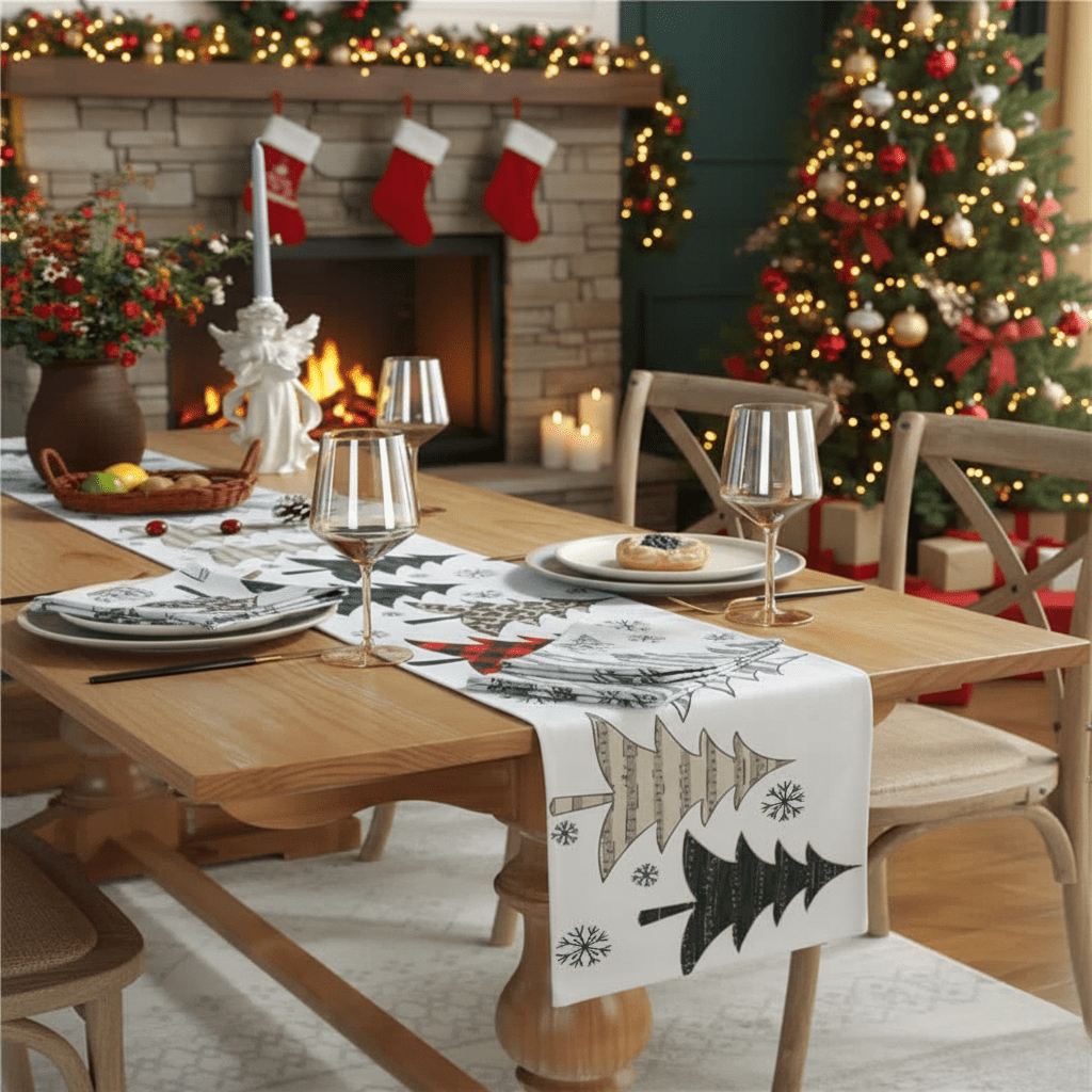 WINTERGRACE – Eleganter Tischläufer mit Weihnachtsbaum- und Schneeflockenmotiven 0