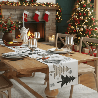 WINTERGRACE – Eleganter Tischläufer mit Weihnachtsbaum- und Schneeflockenmotiven 0