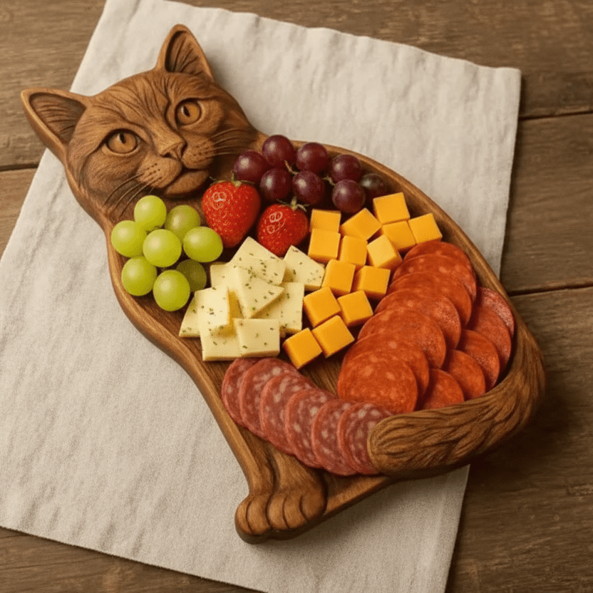 WHISKERFEAST - Bandeja de salchichas y snacks con forma de gato, de madera premium, hecha a mano