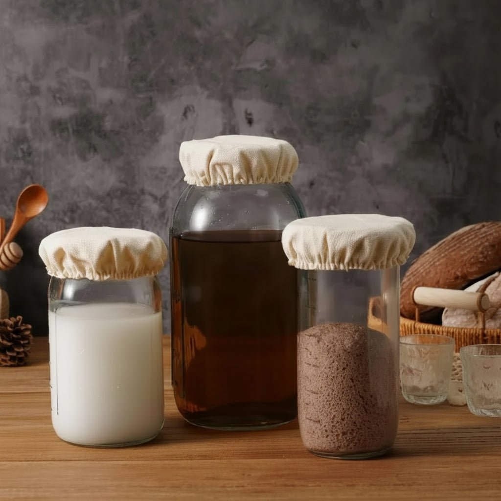 Wiederverwendbare Stoff-Glasabdeckungen für Sauerteig - 4 Stück aus Baumwollleinen, Optimale Belüftung 0