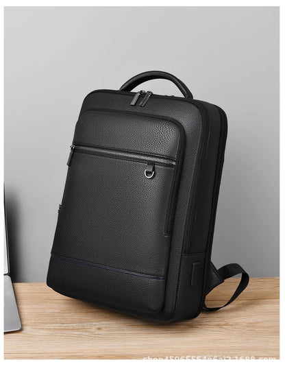 Elegant leather rucksack for men/women with USB port for laptop and everyday use, 15.6 inch, black