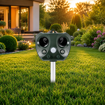 Defensor ultrasónico para aves y plagas – Repelente de animales solar con sensor PIR y diseño resistente a la intemperie