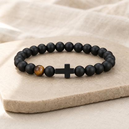 VALORIS – Herrenarmband mit schwarzen Perlen und Kreuzanhänger