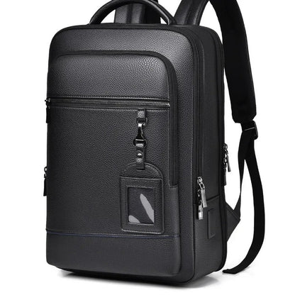 Elegant leather rucksack for men/women with USB port for laptop and everyday use, 15.6 inch, black
