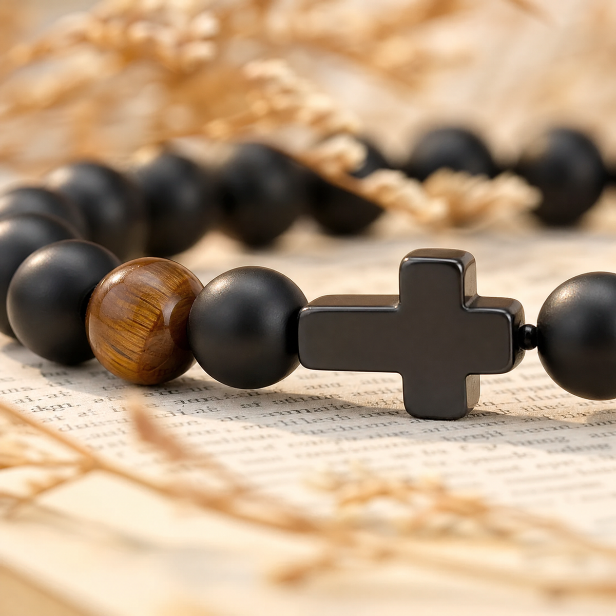 VALORIS – Herrenarmband mit schwarzen Perlen und Kreuzanhänger