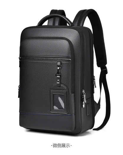 Elegant leather rucksack for men/women with USB port for laptop and everyday use, 15.6 inch, black