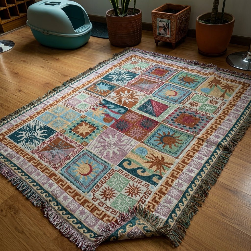 SUNVERRA – Manta boho de retales con diseño de soles y flecos
