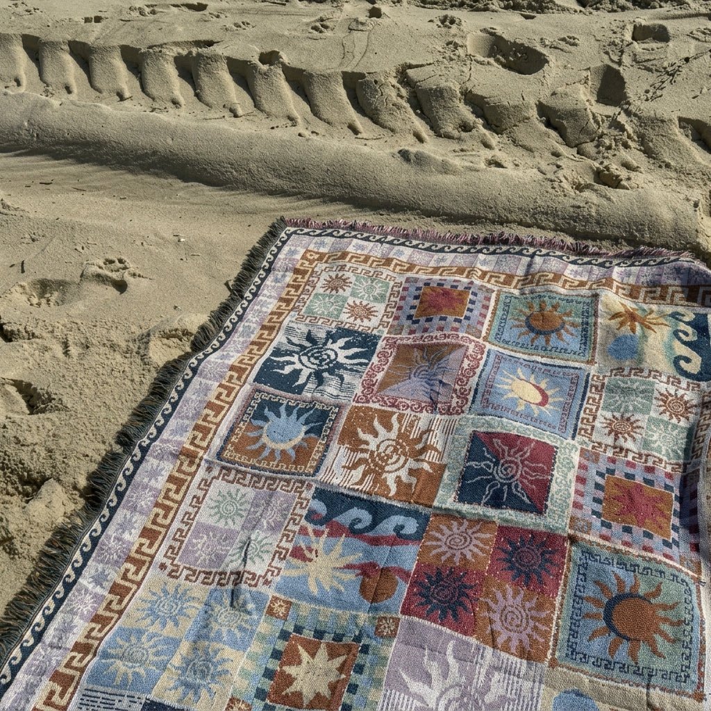 SUNVERRA – Manta boho de retales con diseño de soles y flecos