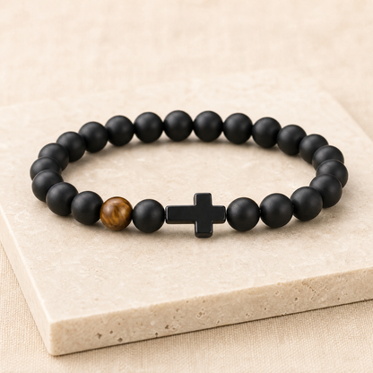 VALORIS – Herrenarmband mit schwarzen Perlen und Kreuzanhänger