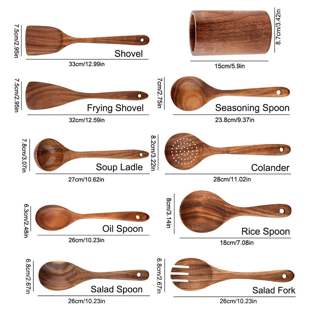 Set de utensilios de cocina de madera de teca – Elegantes utensilios de cocina para ayudantes modernos en la cocina