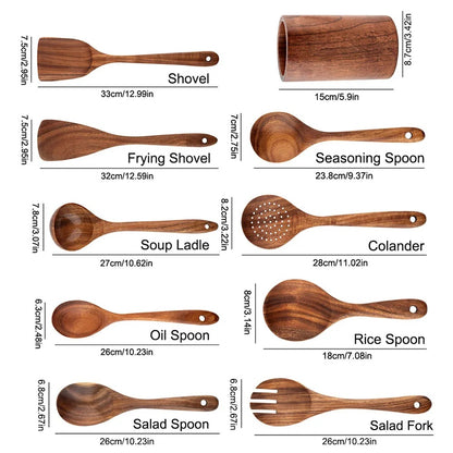 Set de utensilios de cocina de madera de teca – Elegantes utensilios de cocina para ayudantes modernos en la cocina