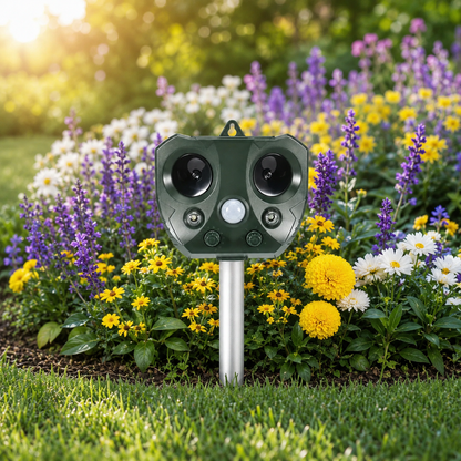 Defensor ultrasónico para aves y plagas – Repelente de animales solar con sensor PIR y diseño resistente a la intemperie