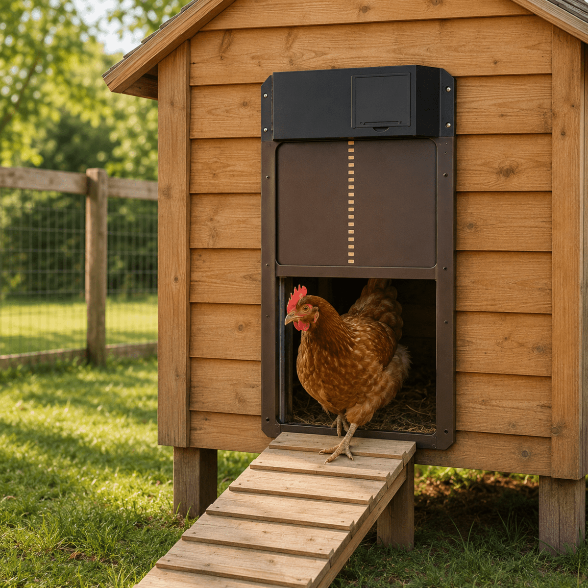 AUTOCOOP – Puerta automática para gallinero con sensor de luz y protección contra la intemperie