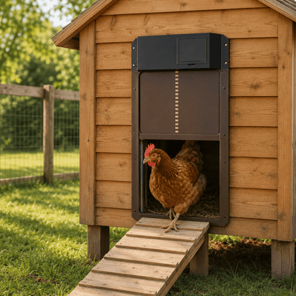 AUTOCOOP – Puerta automática para gallinero con sensor de luz y protección contra la intemperie