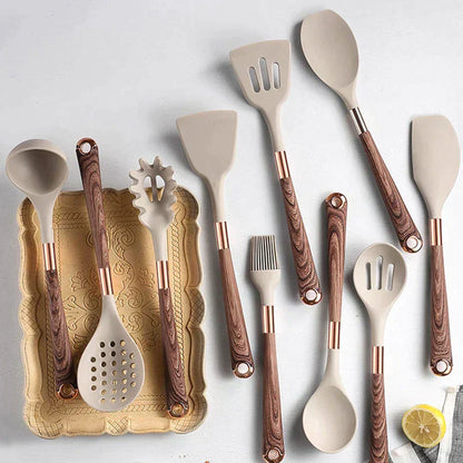 Küchenhelfer Set 10-teilig Silikon Hitzebeständig mit Holzgriffen-3