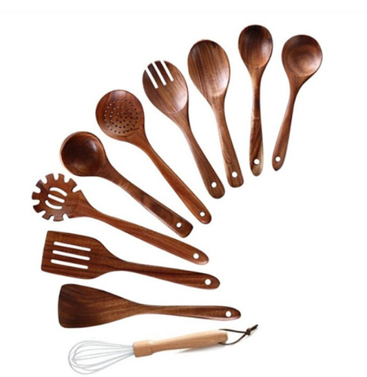 Set de utensilios de cocina de madera de teca – Elegantes utensilios de cocina para ayudantes modernos en la cocina