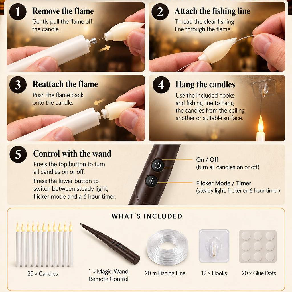 SPELLORA – Bougies LED flottantes avec télécommande en forme de baguette magique