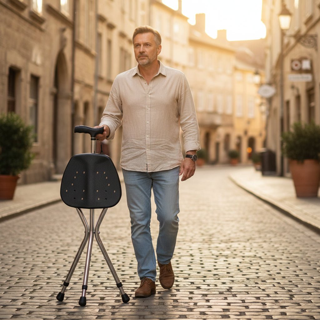 SEATWALK – Foldable walking stick with integrated seat for comfort on the go