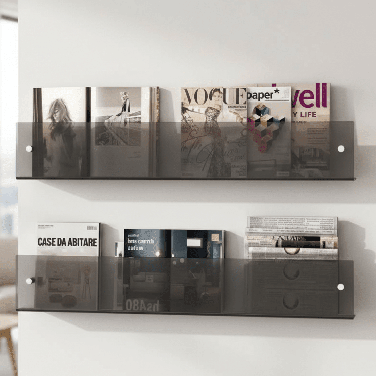 MODURACK – Soporte de pared minimalista de acrílico para revistas en espacios modernos