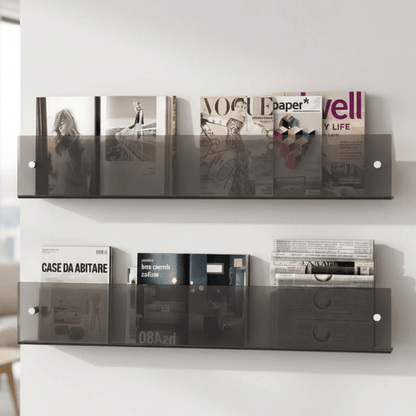 MODURACK – Soporte de pared minimalista de acrílico para revistas en espacios modernos