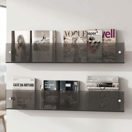 MODURACK – Soporte de pared minimalista de acrílico para revistas en espacios modernos