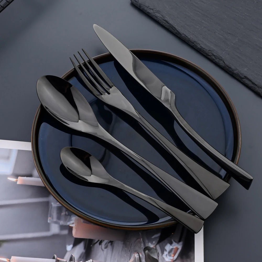 NOIRVIA – Cubiertos de acero inoxidable negro elegante para arreglos de mesa sofisticados
