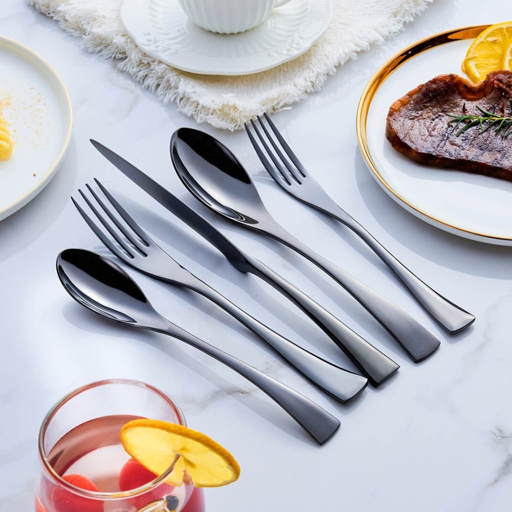 NOIRVIA – Cubiertos de acero inoxidable negro elegante para arreglos de mesa sofisticados