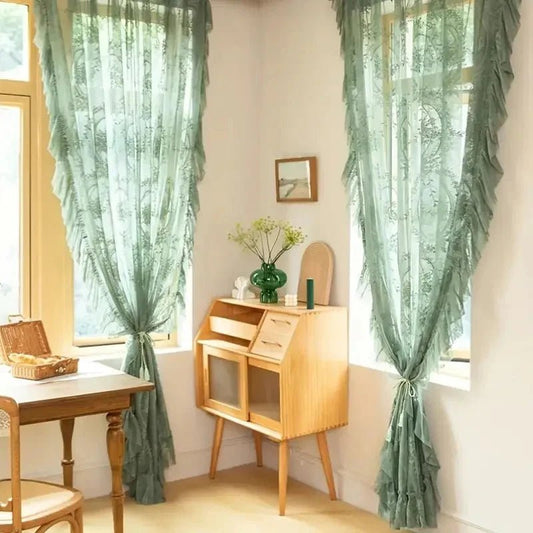 LACEVERA – Cortinas vintage de encaje verde con flores