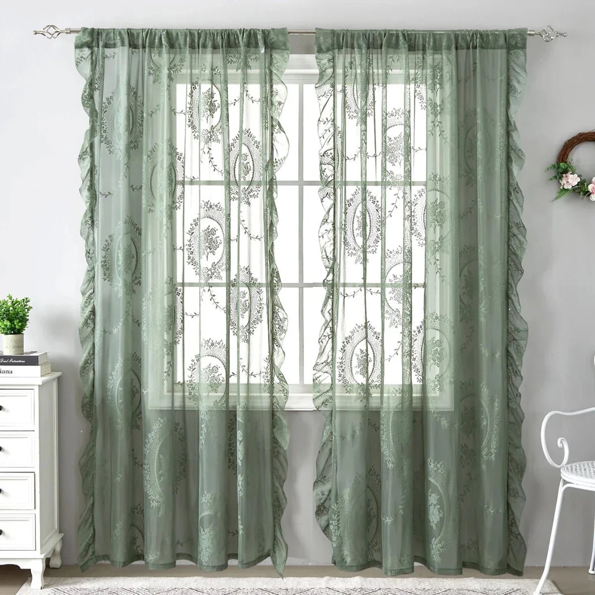 LACEVERA – Tende vintage verdi in pizzo floreale